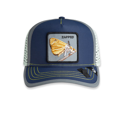 High Beams by The Farm is a blue and gray tactical hat with a mesh back, featuring a front patch that displays a yellow moth and the word “ZAPPED.”.