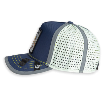 High Beams mesh tactical hat by The Farm in navy blue and white with a curved brim, yellow stitching, and gray trim, displayed from a side view.