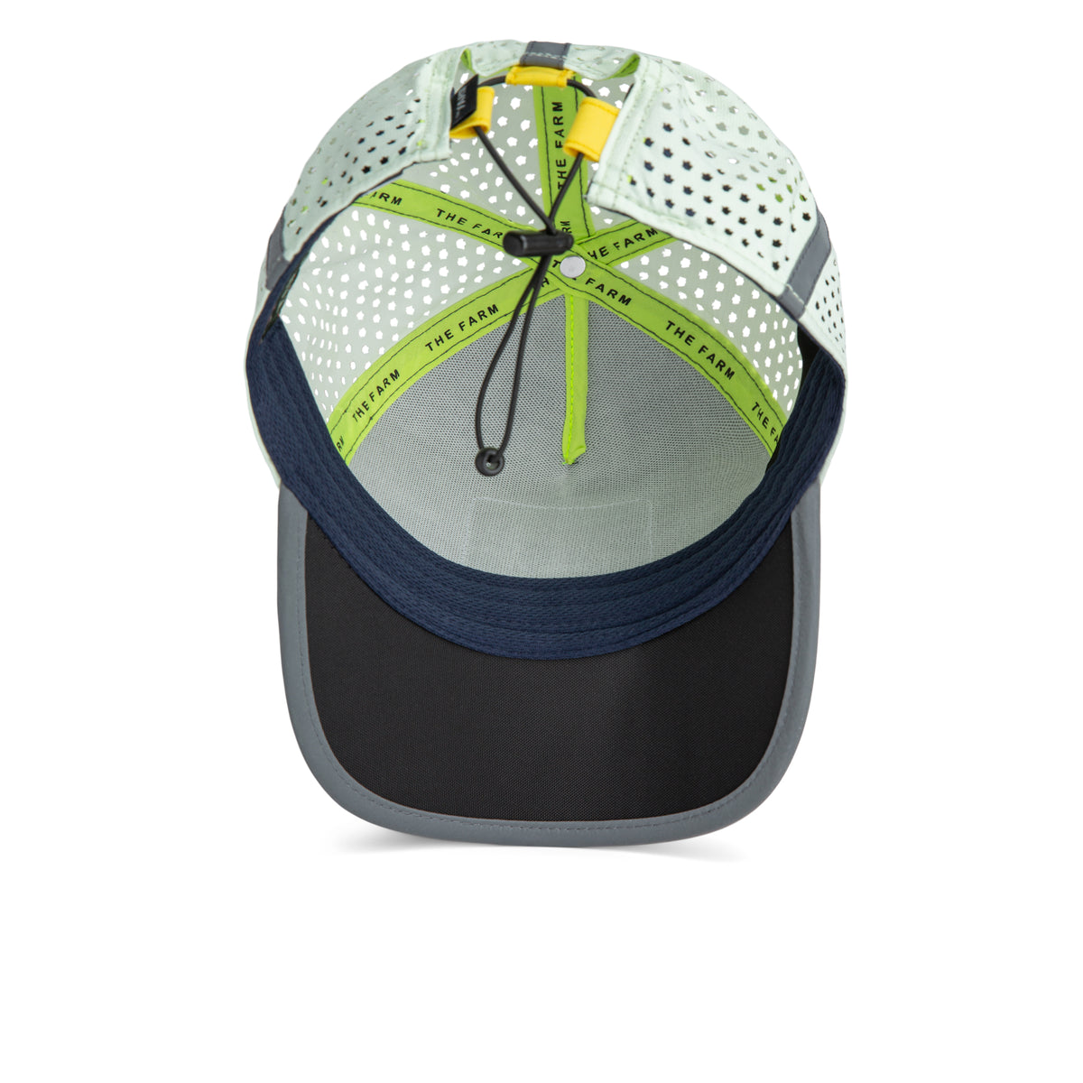 Inside view of The Farm’s High Beams hat in light gray with perforated detailing, a neon yellow adjustment cord, black brim, and branded inner taping that reads THE FARM.