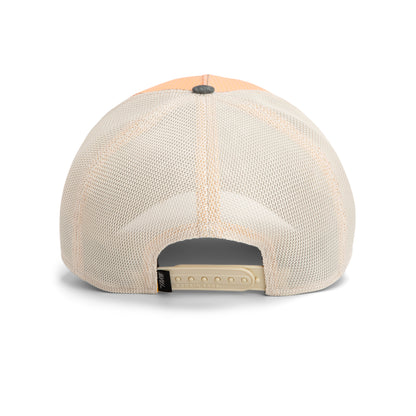 Back view of the Goorin Bros. Tactical Yak hat in beige mesh, showcasing a grid-stitched brim, adjustable snap closure, and a small black fabric tag on the band.