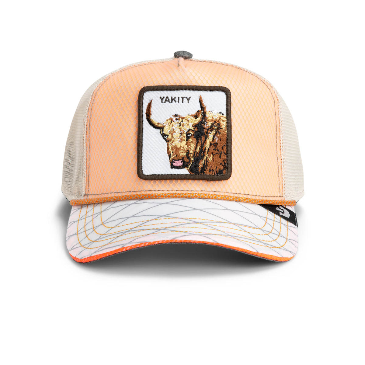 Orange and white mesh hat from Goorin Bros., called “Tactical Yak,” featuring a grid-stitched brim and a front patch with a brown cow and the word YAKITY—a perfect pick for fans of Tactical Yak style.