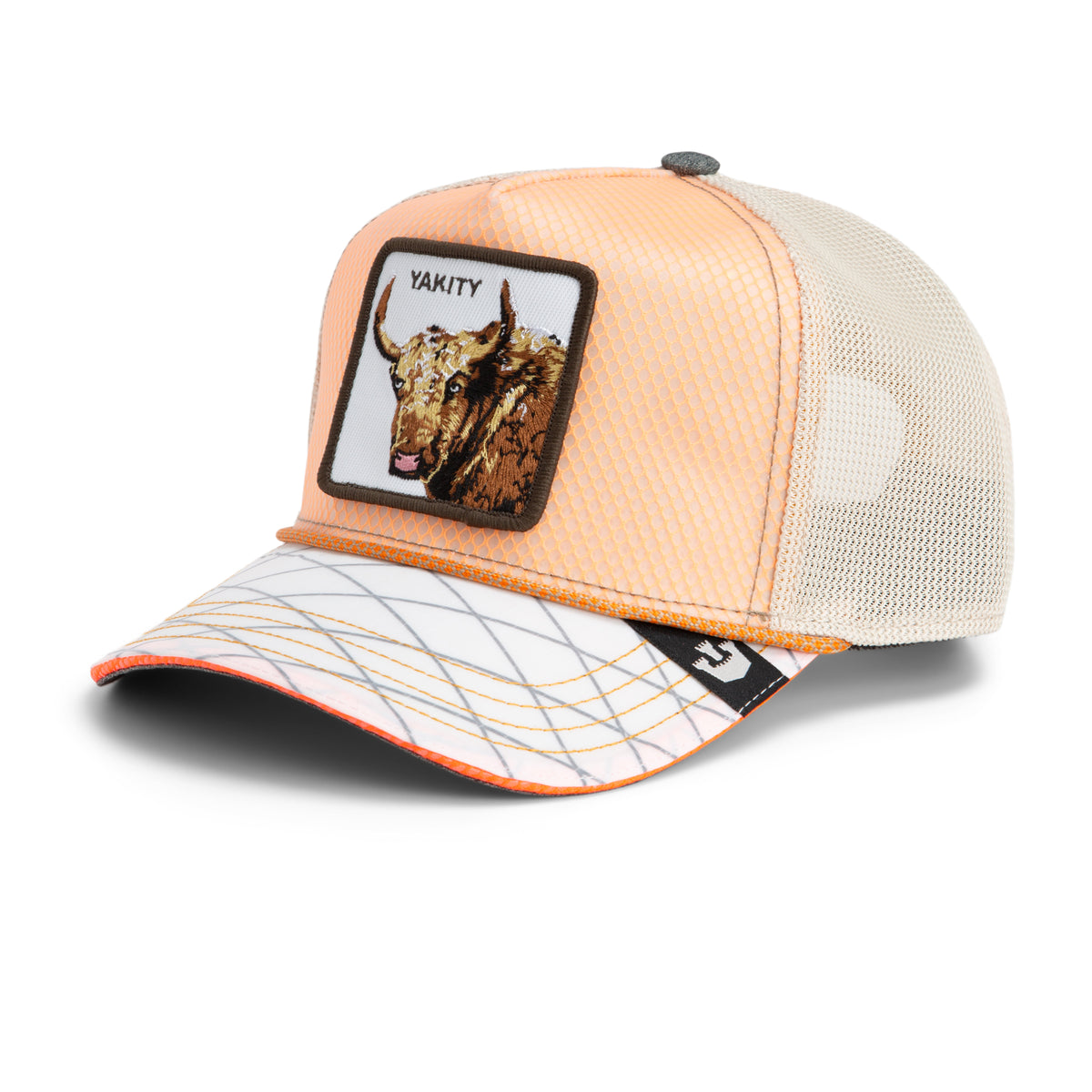 The Goorin Bros. Tactical Yak trucker cap features a light orange and white mesh design with a front patch displaying a yak and the word “YAKITY.” The bill showcases an orange and yellow line pattern, while the grid-stitched brim adds extra durability to this Tactical Yak-inspired style.