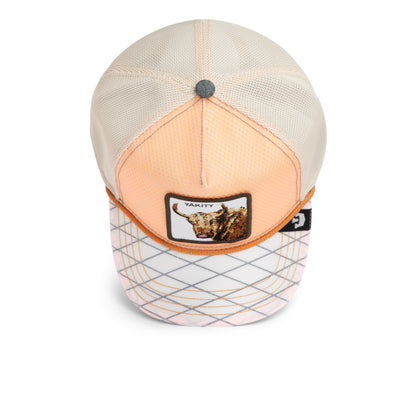 Beige and orange Goorin Bros. “Tactical Yak” trucker hat with mesh panels, a grid-stitched brim, and a rectangular front patch featuring a yak illustration.