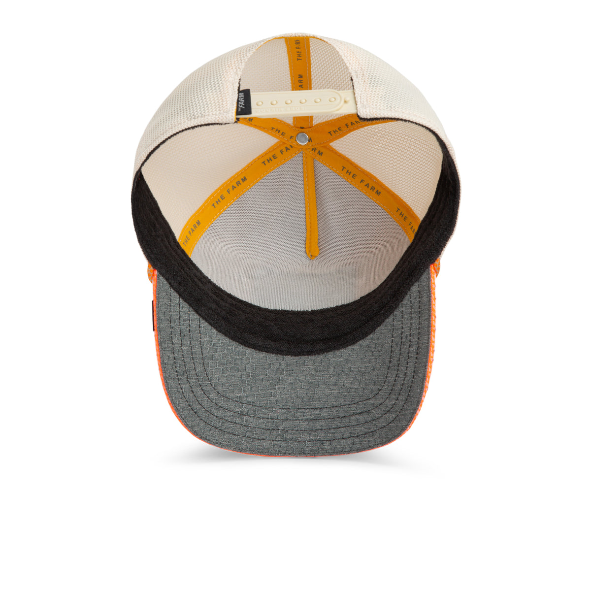 Interior view of the Goorin Bros. Tactical Yak trucker cap showing a grey, grid-stitched brim, mesh back, adjustable strap, and yellow logo tape reading THE FARM. This premium mesh hat also features subtle Tactical Yak branding for a rugged touch.