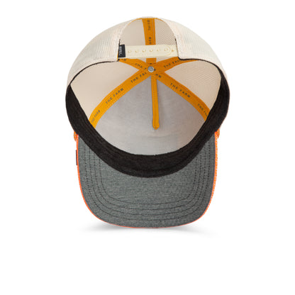 Interior view of the Goorin Bros. Tactical Yak trucker cap showing a grey, grid-stitched brim, mesh back, adjustable strap, and yellow logo tape reading THE FARM. This premium mesh hat also features subtle Tactical Yak branding for a rugged touch.