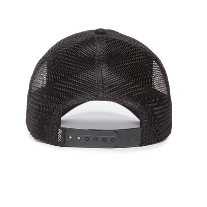 Back view of the Goorin Bros. Soft Pack black mesh trucker cap featuring an adjustable snapback closure, delivering a mildly remarkable blend of style and comfort. All sales are final.