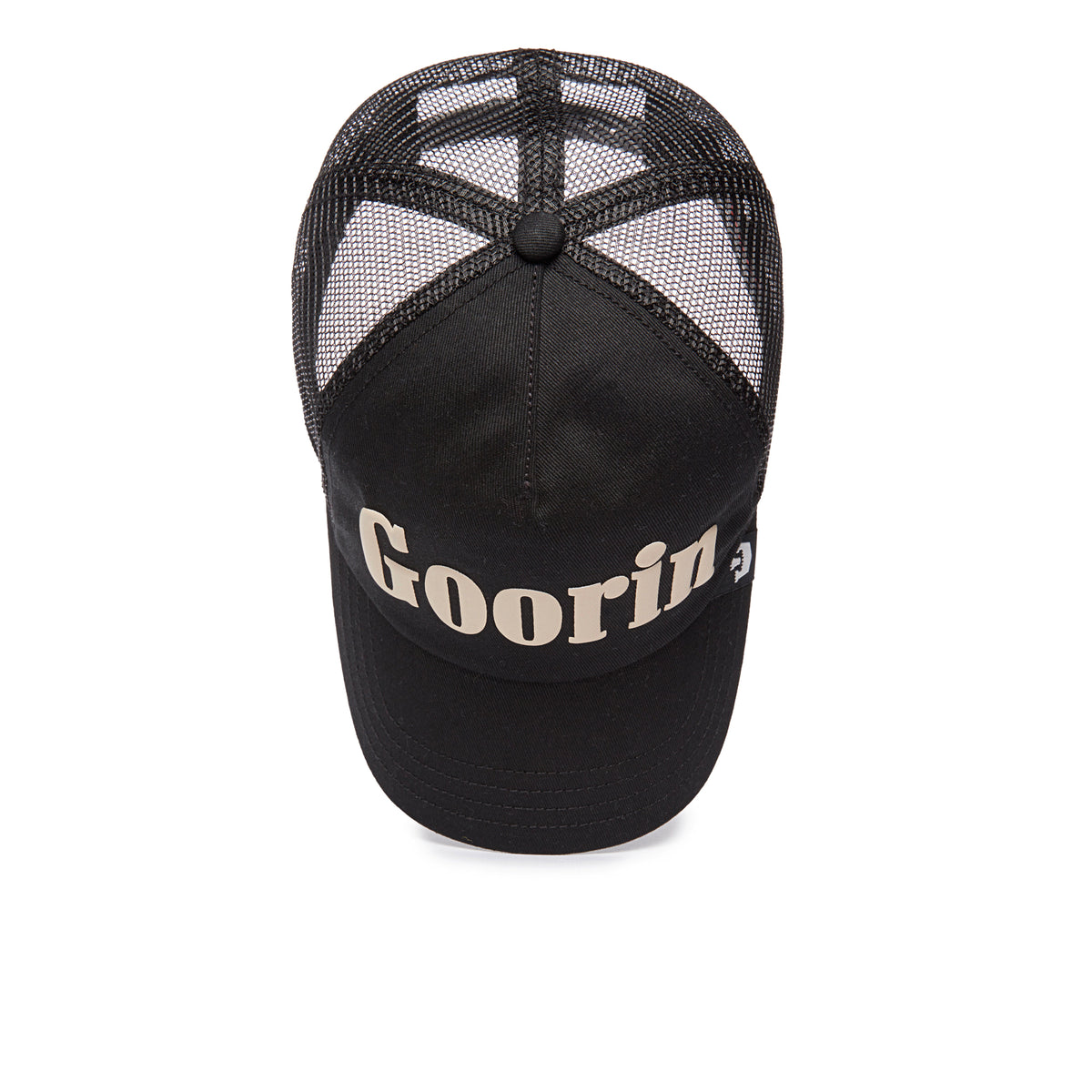 Soft Pack mesh trucker hat by Goorin Bros., featuring bold white “Goorin” lettering across the front panel, photographed from above on a white background—a distinct addition to any collection. All sales are final.