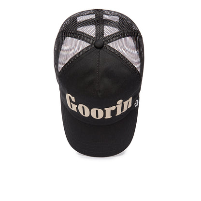 Soft Pack mesh trucker hat by Goorin Bros., featuring bold white “Goorin” lettering across the front panel, photographed from above on a white background—a distinct addition to any collection. All sales are final.