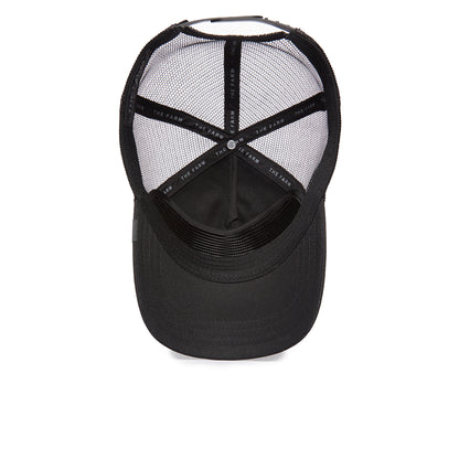 Soft Pack by Goorin Bros. black mesh trucker hat shown from above, highlighting the subtly impressive interior structure, adjustable strap, and Goorin Bros. branding along the inside seams. All sales are final.