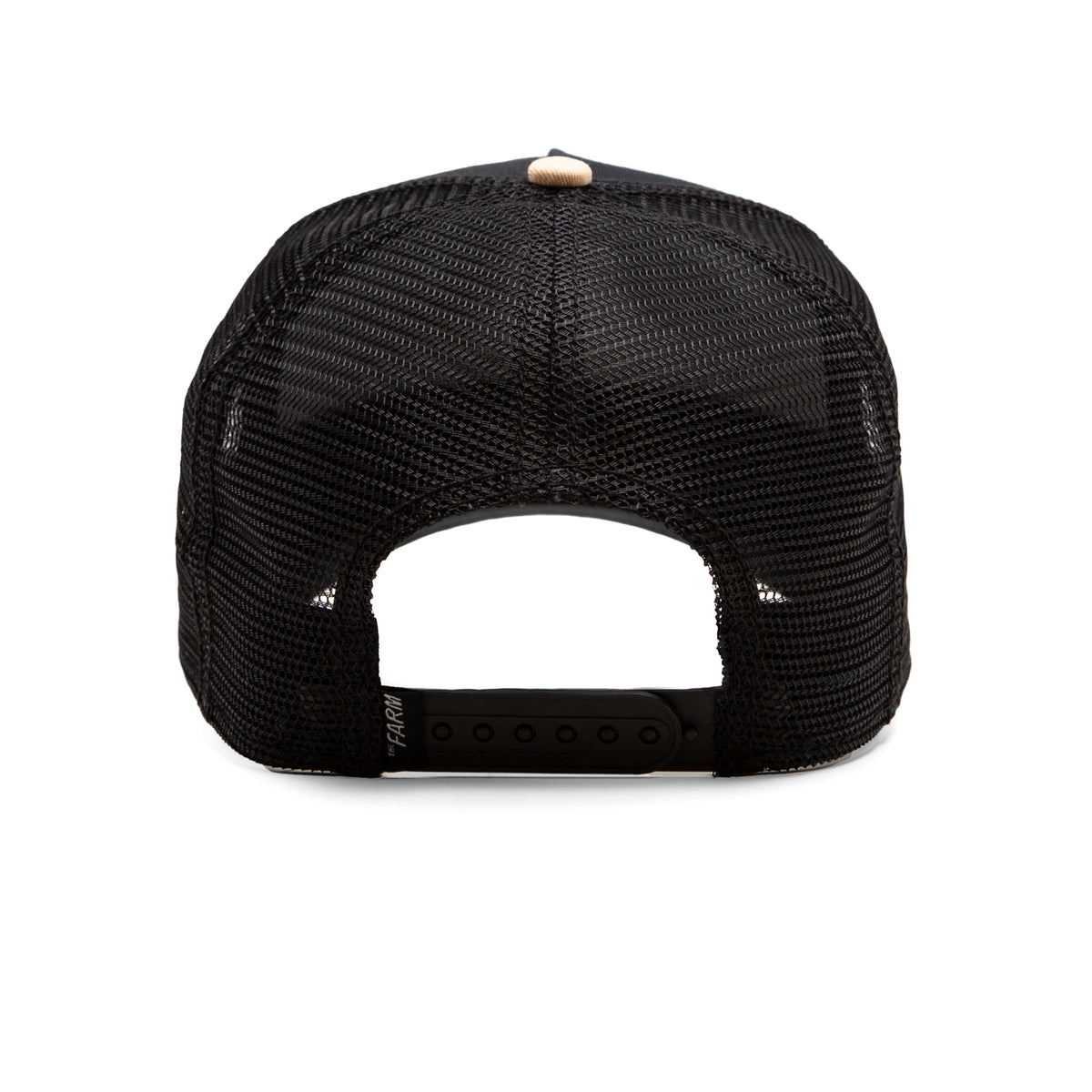 The Guard Dog by The Farm is a black mesh baseball cap seen from the back, featuring a protective hat design with an adjustable snap closure and a beige button on top.