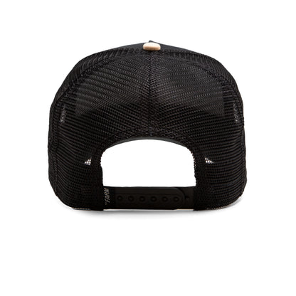 The Guard Dog by The Farm is a black mesh baseball cap seen from the back, featuring a protective hat design with an adjustable snap closure and a beige button on top.