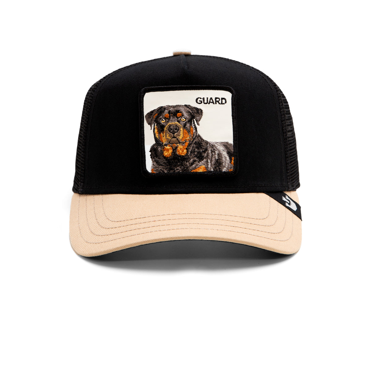 Introducing The Guard Dog by The Farm: a black and tan trucker hat featuring a patch with an embroidered Rottweiler and the word “GUARD” on the front panel—perfect for those who value loyalty and a commanding presence.