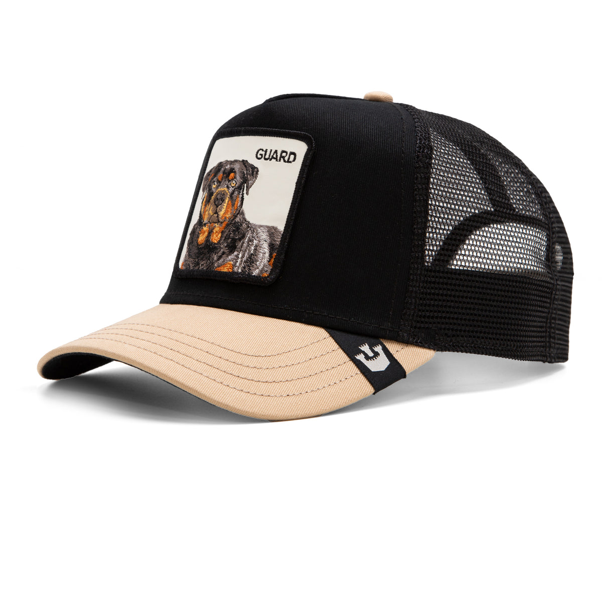 The Farm’s “The Guard Dog” trucker hat pairs black and beige panels with a mesh back and showcases a front patch of a loyal dog labeled “Guard”—a protective cap with serious presence.