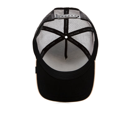 A black trucker hat from The Farm, known as The Guard Dog, viewed from above to display its mesh back, adjustable snap closure, and THE FARM text on the inner sweatband—a loyal and protective addition with a commanding presence in any hat collection.