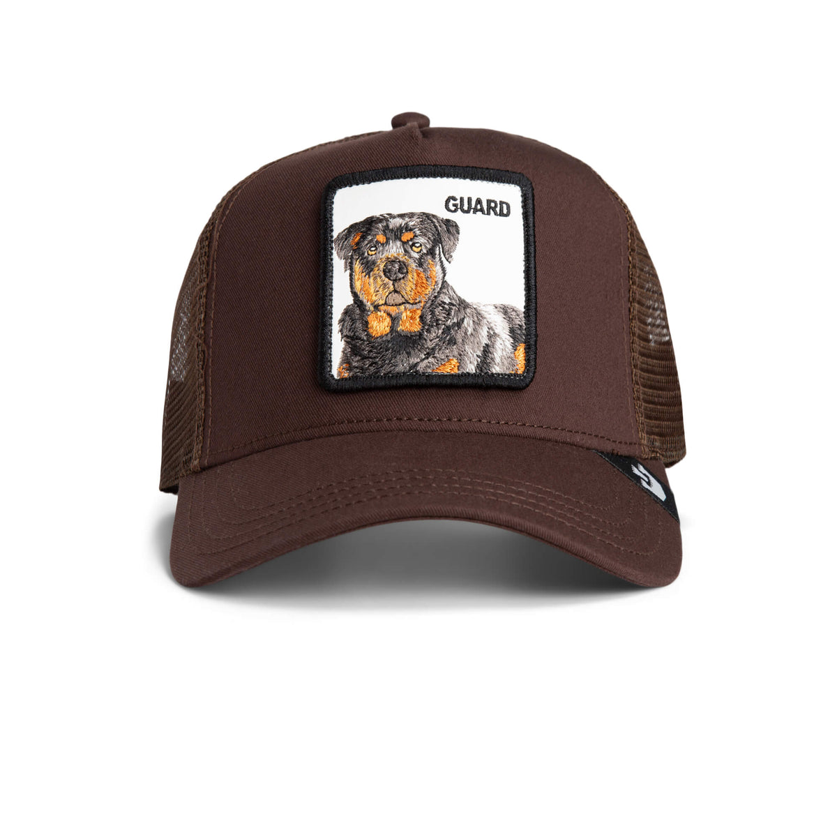 The Farm's "The Guard Dog" brown mesh trucker cap features a front patch with an embroidered Rottweiler and "GUARD." All sales final.