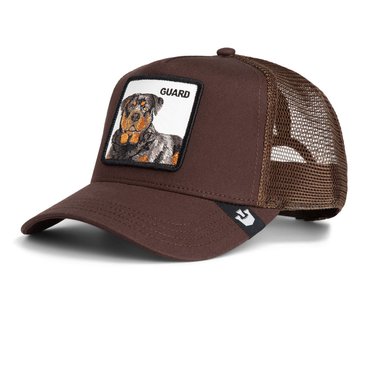 The Farm's "The Guard Dog" brown mesh trucker cap features a front patch with an embroidered Rottweiler and "GUARD." All sales are final.