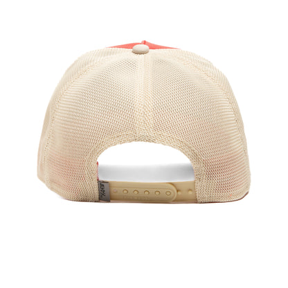 Back view of The Farm’s Shleather Boy trucker hat in beige mesh, featuring an adjustable snapback closure and a small fabric tag on the left side—a durable, standout accessory that adds versatility to your style.