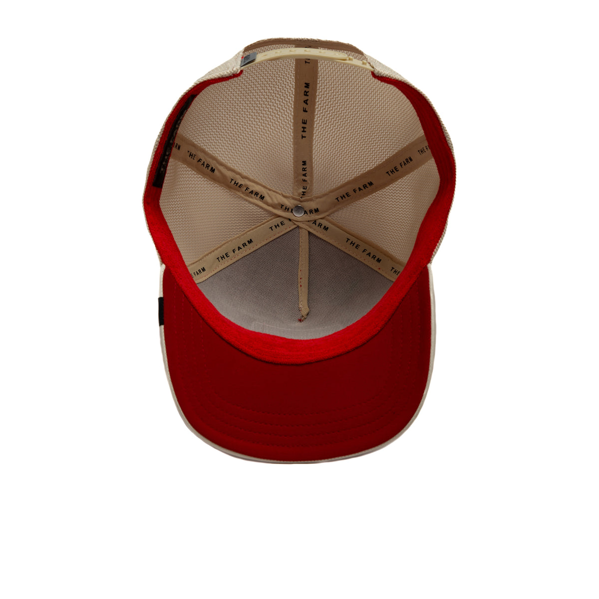 Top view of an open Shleather Boy cap by The Farm in beige and red, featuring interior mesh lining and THE FARM text on the hat bands—a standout fashion accessory that brings tough style to any wardrobe.