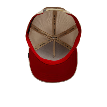 Top view of an open Shleather Boy cap by The Farm in beige and red, featuring interior mesh lining and THE FARM text on the hat bands—a standout fashion accessory that brings tough style to any wardrobe.