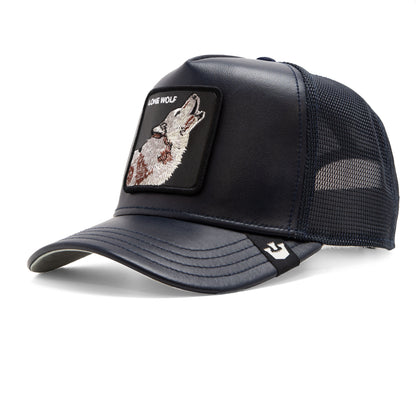 Add bold stealth to your fashion lineup with The Farm’s Shleather Wolf trucker hat, featuring a navy blue design with a mesh back and a front patch showcasing an embroidered howling wolf and the words “LONE WOLF.”.