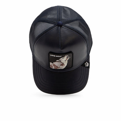 The Shleather Wolf by The Farm is a black mesh trucker hat featuring a front patch with an embroidered wolf and the text “LONE WOLF” above it—an ideal pick for those who appreciate trendy fashion and stealthy style.
