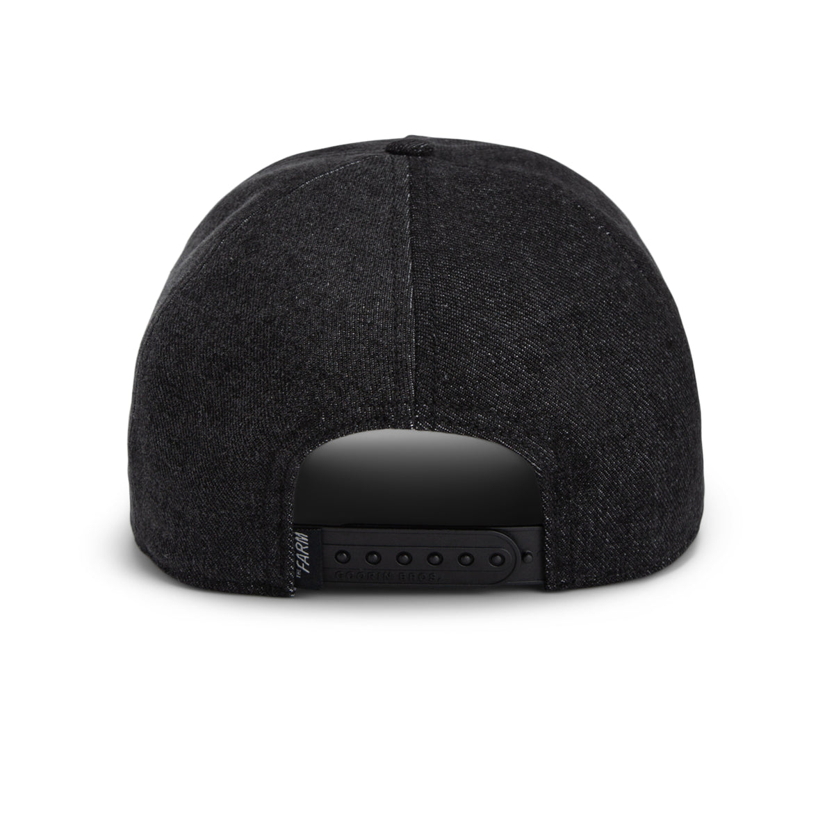 Back view of the Goorin Bros. “Smoke Signal” black, stonewashed snapback cap featuring an adjustable strap and a curved opening above the strap.