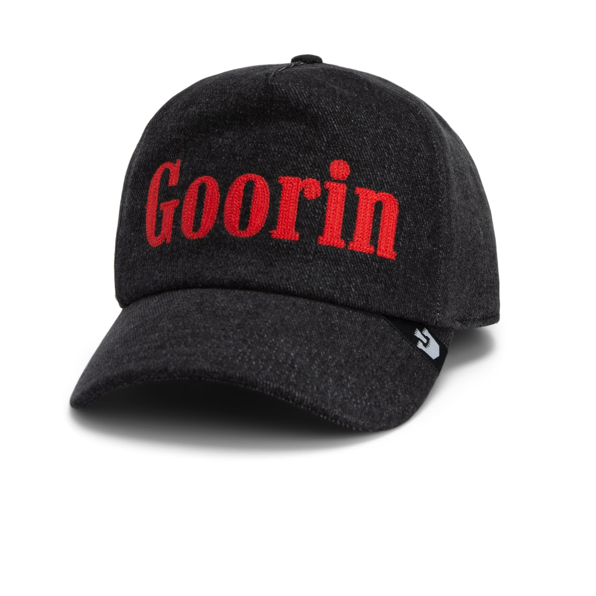 A black baseball cap called “Smoke Signal” by Goorin Bros., featuring a stylish stonewashed denim finish and the word “Goorin” embroidered in red letters on the front.