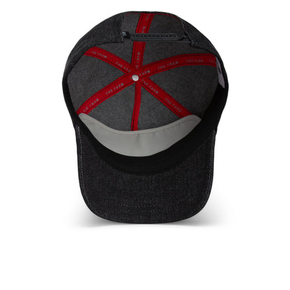 The image shows the inside view of the Smoke Signal baseball cap by Goorin Bros., featuring red liners and the words THE FARM printed along the interior seams. This cap showcases a stylish touch reminiscent of classic denim designs.