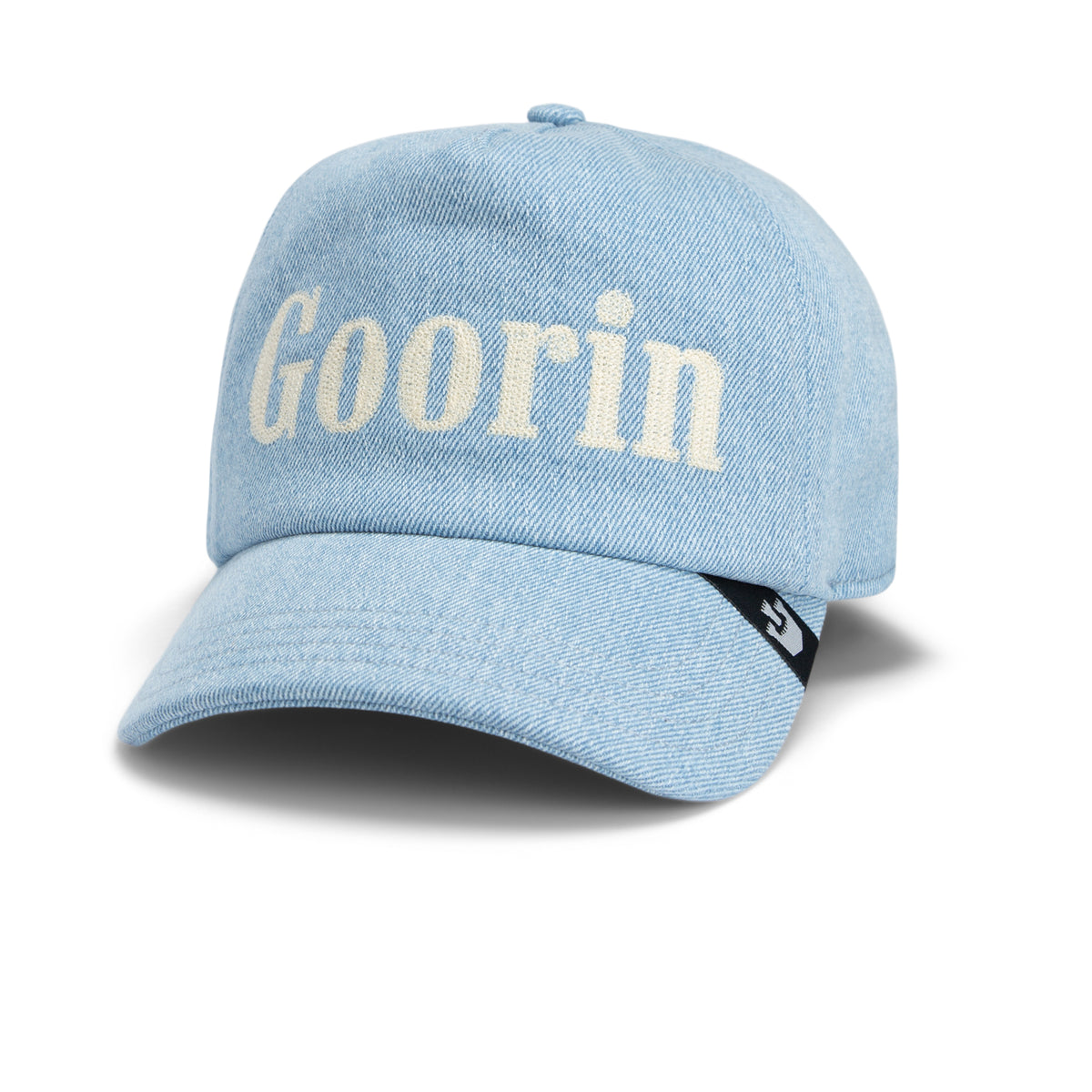 Light blue stonewashed denim baseball cap by Goorin Bros., featuring the product name “Smoke Signal” and “Goorin” embroidered in large white letters on the front.