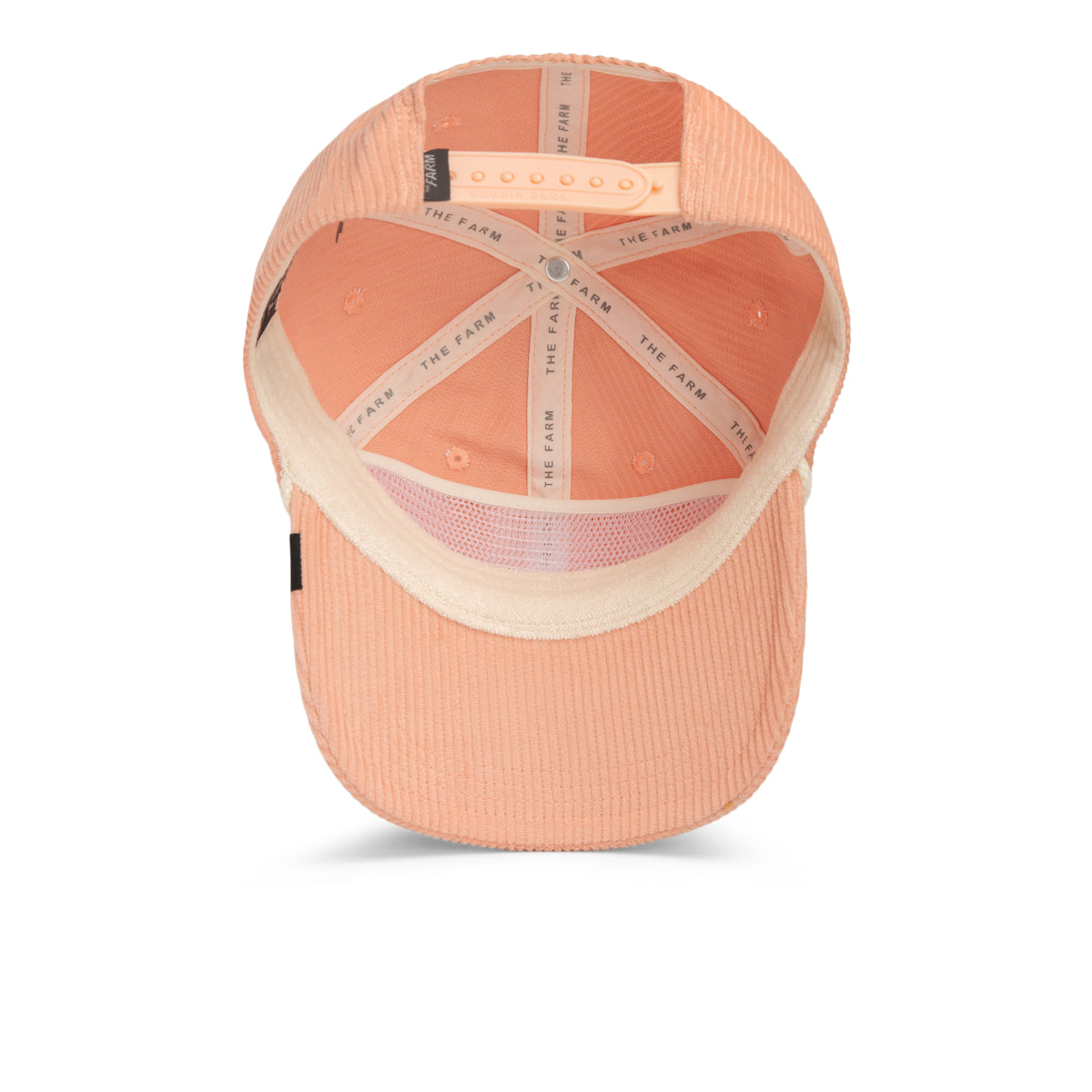 The Clubhouse by Goorin Bros. is a peach-colored wide wale corduroy Papa Cap baseball cap, displayed from underneath to showcase its cream sweatband, mesh inner panels, and adjustable snap closure at the back—a subtle celebration of quiet luxury in everyday accessories.
