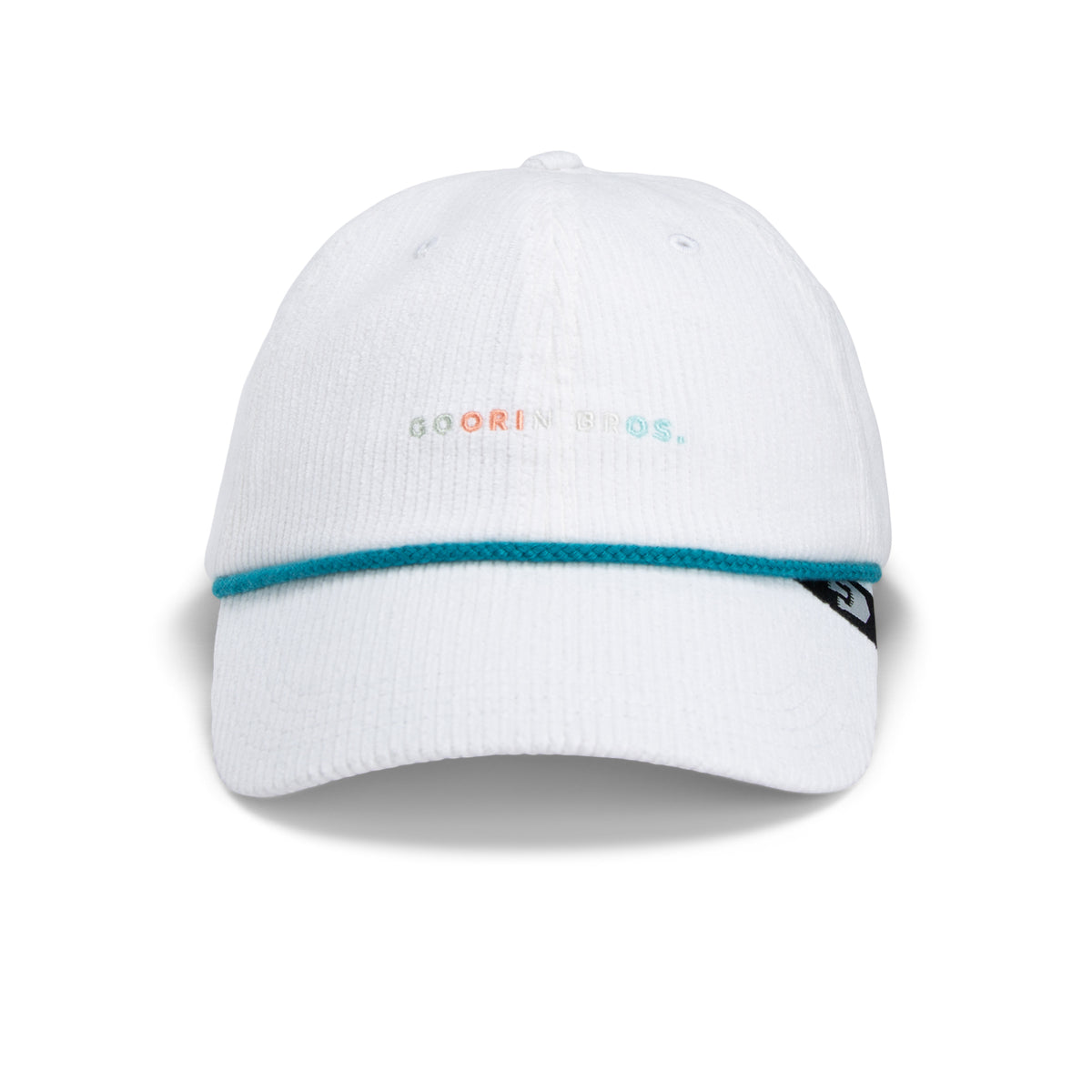 The Clubhouse by Goorin Bros. is a white Papa Cap baseball cap featuring a turquoise stripe above the brim, pastel GOORIN BROS. text on the front, and a small black tag on the left side—crafted from wide wale corduroy for an elevated take on quiet luxury.