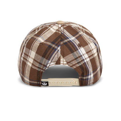 Back view of the Goorin Bros. “Ask Your Mother” Papa Cap, featuring a brown, blue, and white plaid pattern with an adjustable beige snapback closure—ideal for those seeking a relaxed hat style.