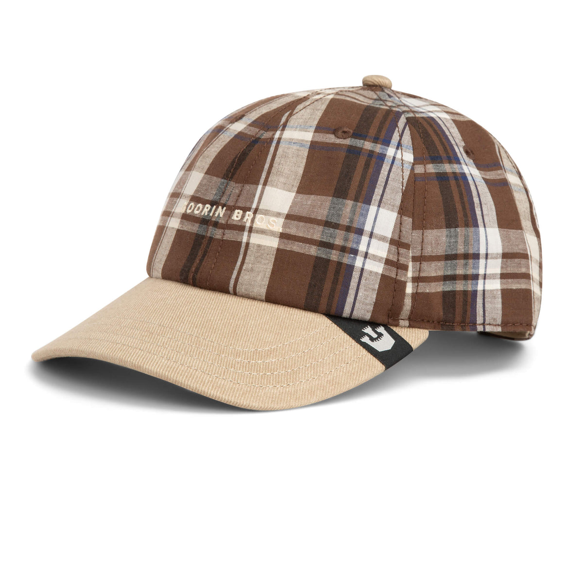 The Ask Your Mother cap by Goorin Bros. features a brown and beige plaid design with a curved brim, a beige front panel, and a small logo tag on the left side of the brim—this relaxed hat delivers classic Papa Cap styling that’s ideal for everyday wear.