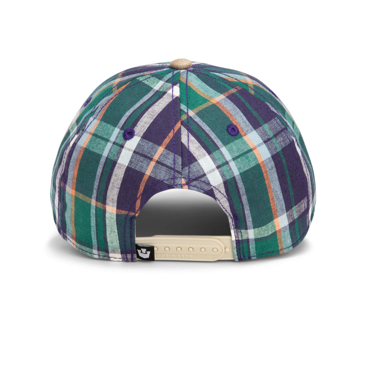 Back view of the “Hardly Working” plaid baseball cap by Goorin Bros., showcasing green, purple, white, and orange stripes and an adjustable beige snapback closure. This stylish cap is completed with a washed denim brim for added texture and character.