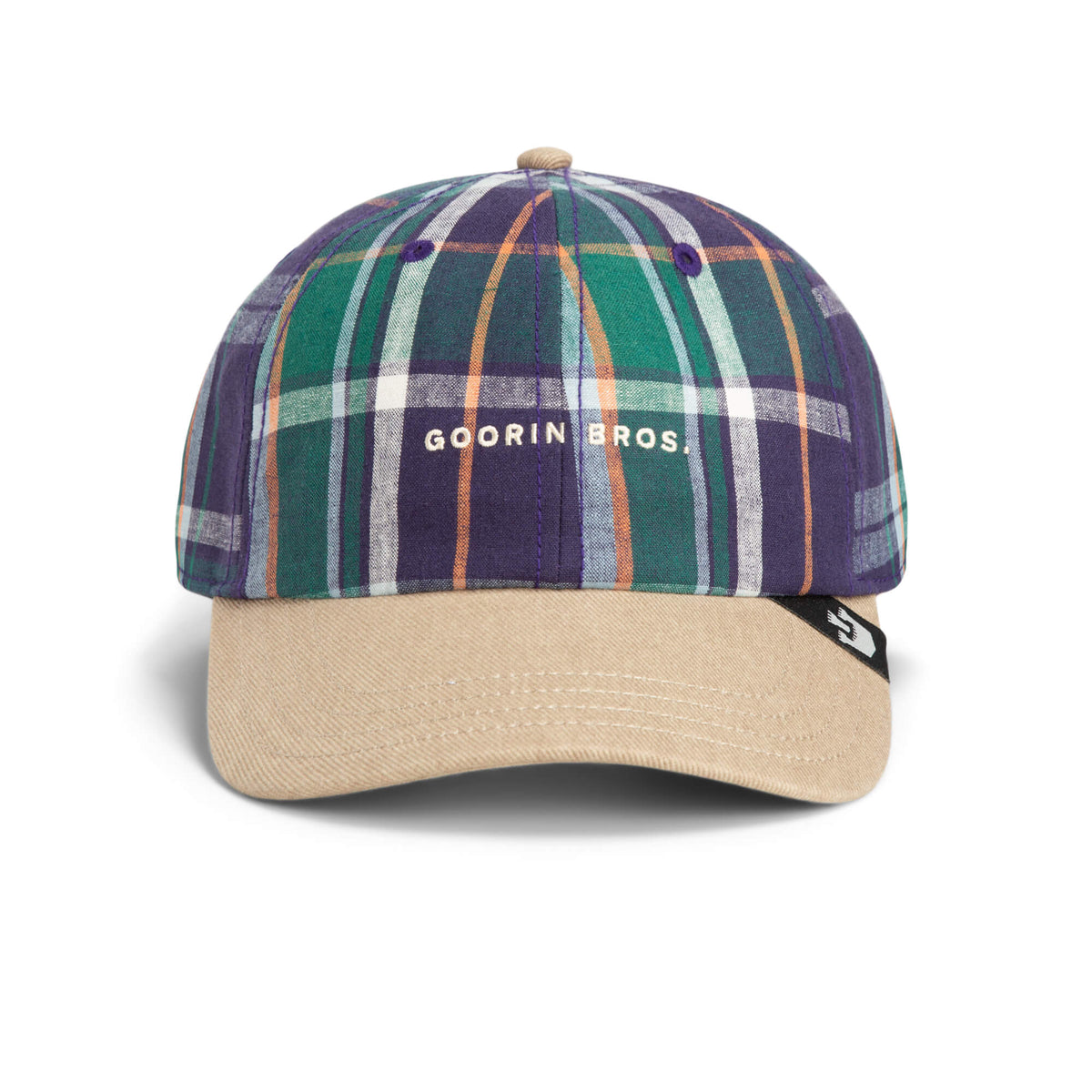 Hardly Working baseball cap by Goorin Bros. featuring purple, green, and orange plaid stripes, a washed denim brim, and “Goorin Bros.” text on the front.