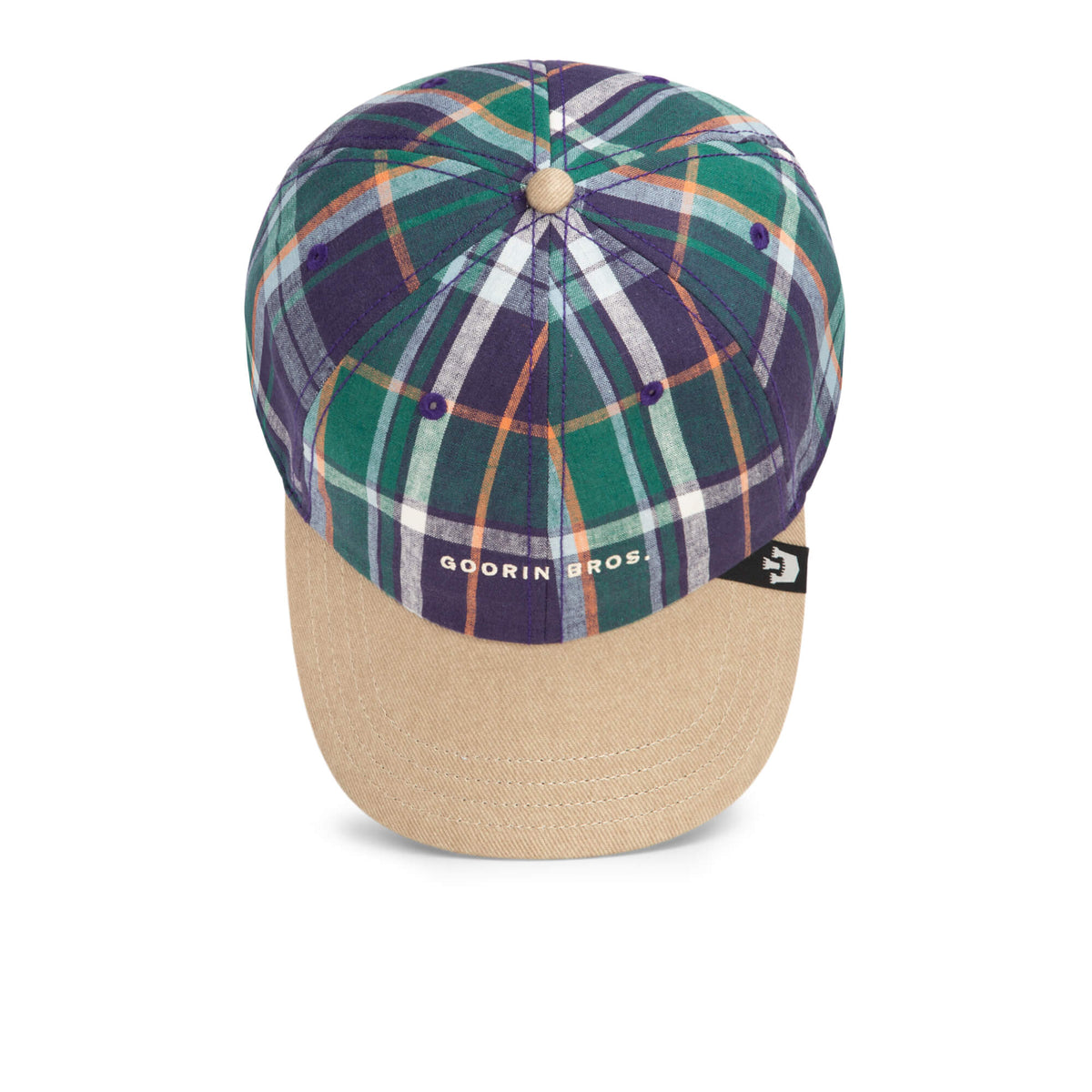The Goorin Bros. Hardly Working cap features a green, purple, and white plaid pattern with a washed denim brim and the signature Goorin Bros. logo on the front.