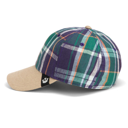 The Goorin Bros. Hardly Working cap features a plaid pattern in green, blue, orange, and white, complemented by a washed denim brim for a laid-back feel and finished with a small black tag displaying the signature Goorin Bros. crown logo on the side.