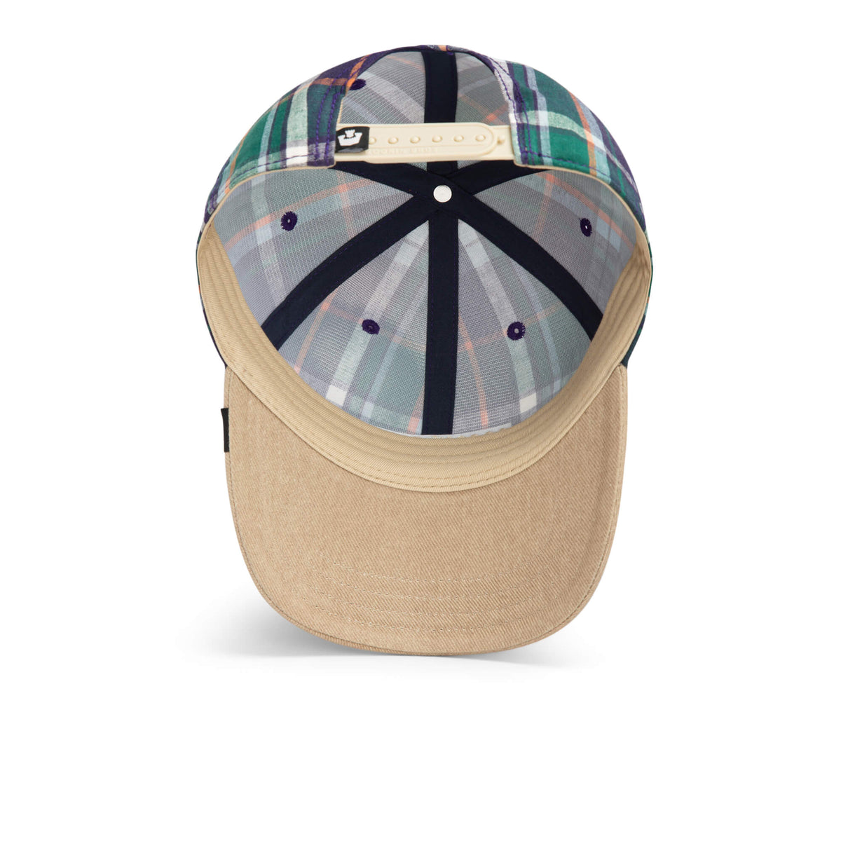 A top-down view of the “Hardly Working” baseball cap by Goorin Bros., showcasing a plaid pattern, washed denim brim, and an adjustable snapback closure.
