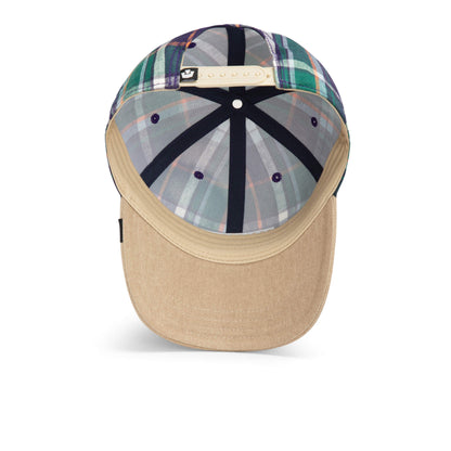 A top-down view of the “Hardly Working” baseball cap by Goorin Bros., showcasing a plaid pattern, washed denim brim, and an adjustable snapback closure.