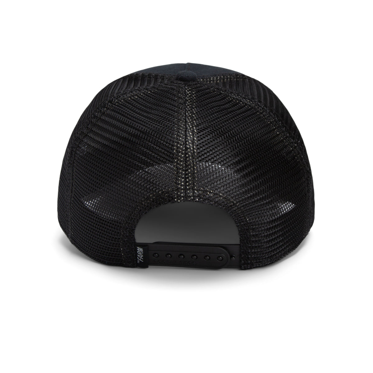 Back view of the Goorin Bros. “Catch You Later” black mesh trucker cap, showcasing heavy-duty reinforced stitchwork, an adjustable plastic snap closure, and detailed craftsmanship throughout.