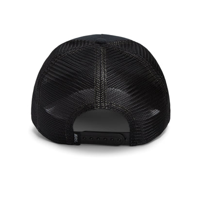 Back view of the Goorin Bros. “Catch You Later” black mesh trucker cap, showcasing heavy-duty reinforced stitchwork, an adjustable plastic snap closure, and detailed craftsmanship throughout.