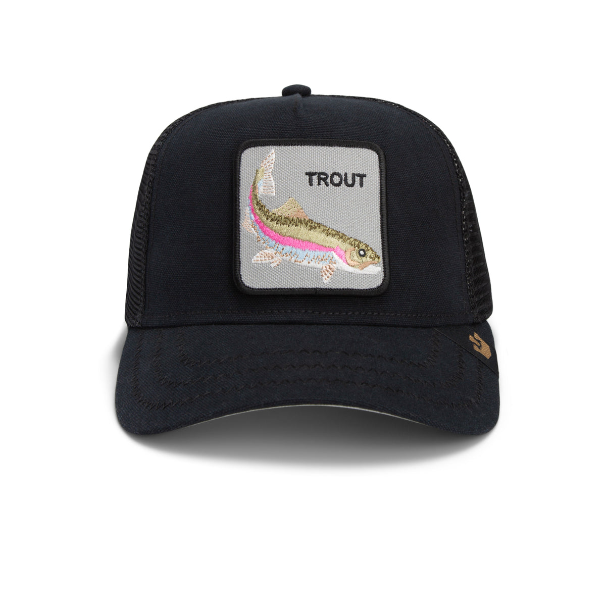 Introducing the Catch You Later trucker hat by Goorin Bros.—a black cap featuring a sturdy mesh back and a front patch adorned with an embroidered trout and “TROUT” lettering above the fish. Expertly crafted from heavy-duty duck canvas with reinforced stitching, this hat combines lasting durability with signature style.
