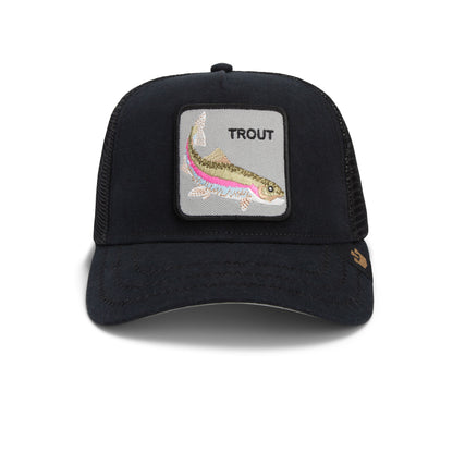 Introducing the Catch You Later trucker hat by Goorin Bros.—a black cap featuring a sturdy mesh back and a front patch adorned with an embroidered trout and “TROUT” lettering above the fish. Expertly crafted from heavy-duty duck canvas with reinforced stitching, this hat combines lasting durability with signature style.