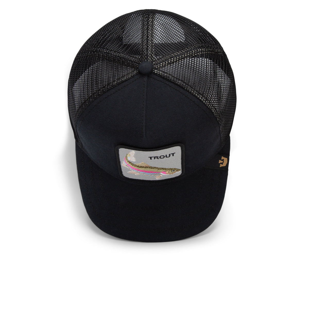 A black mesh-back baseball cap by Goorin Bros., the Catch You Later, featuring a rectangular patch with a trout and the word “TROUT” on the front, crafted from heavy-duty duck canvas and reinforced stitchwork for lasting durability.
