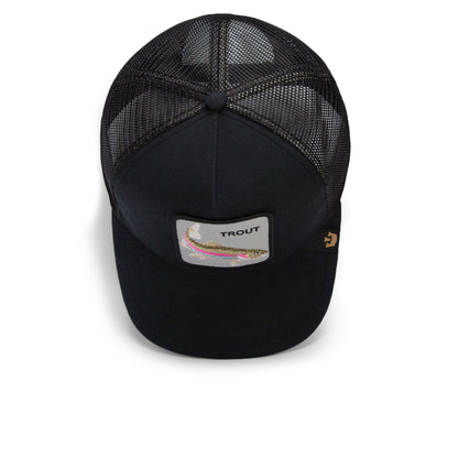 A black mesh-back baseball cap by Goorin Bros., the Catch You Later, featuring a rectangular patch with a trout and the word “TROUT” on the front, crafted from heavy-duty duck canvas and reinforced stitchwork for lasting durability.