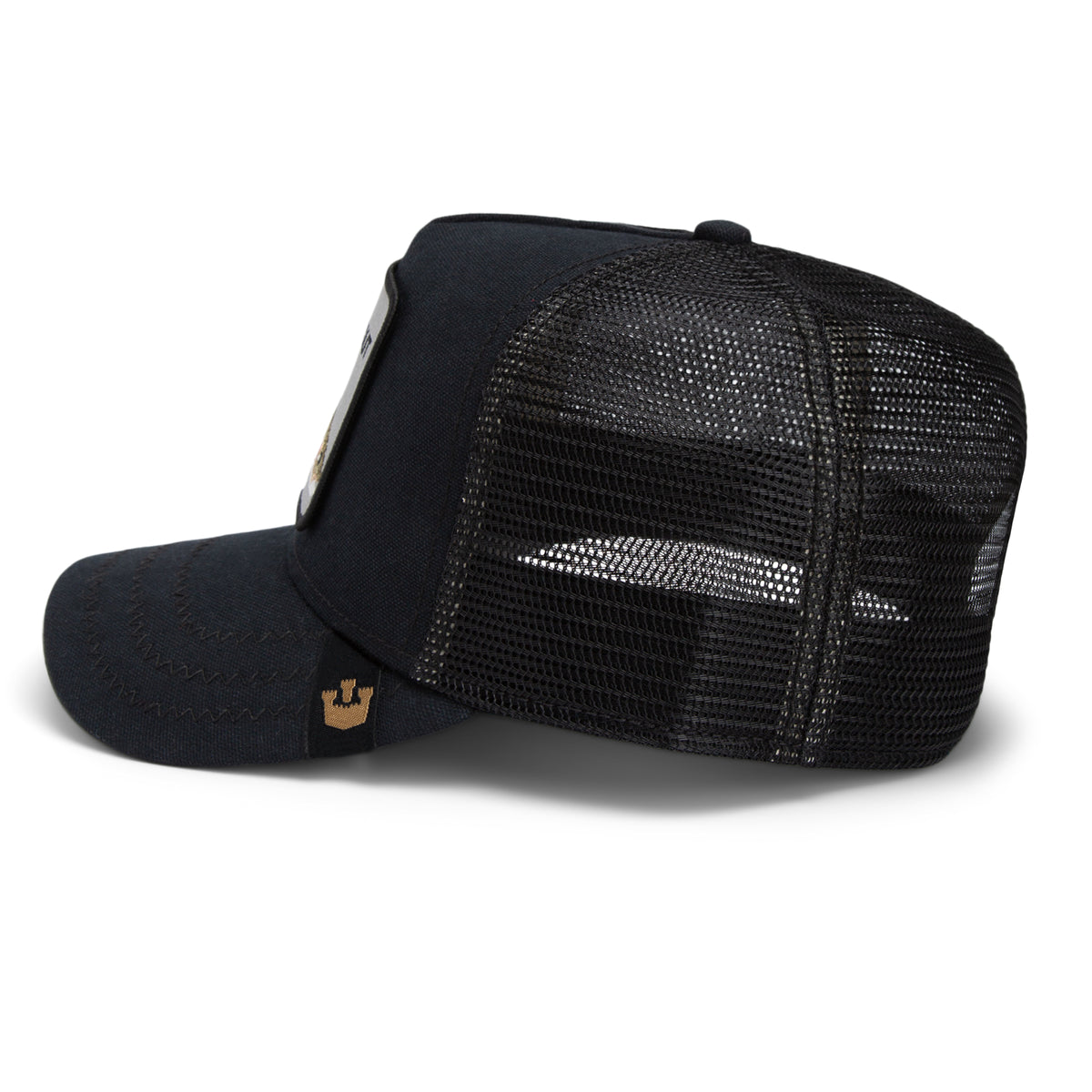 The Catch You Later trucker hat by Goorin Bros. is shown from the side, featuring a curved brim, durable black mesh back panels, reinforced stitching throughout, and a small logo tag near the brim.