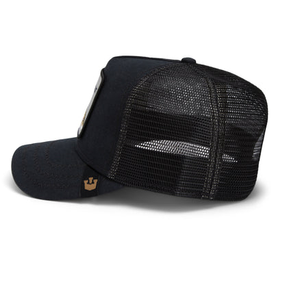 The Catch You Later trucker hat by Goorin Bros. is shown from the side, featuring a curved brim, durable black mesh back panels, reinforced stitching throughout, and a small logo tag near the brim.
