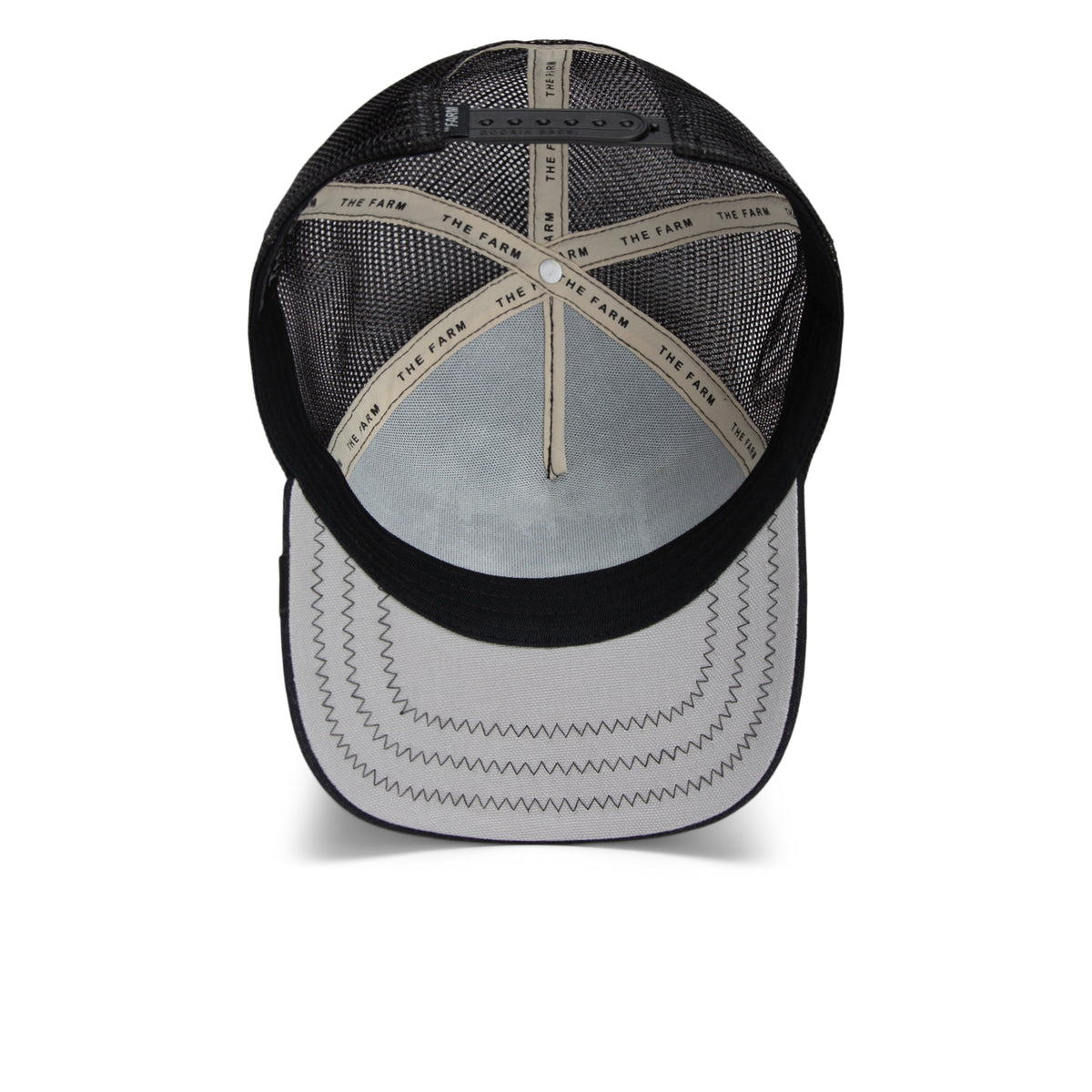 The Catch You Later trucker cap by Goorin Bros. is shown from the inside, highlighting its black mesh construction, light gray sweatband and brim, and THE FARM text on the internal band. Crafted with heavy-duty duck canvas and reinforced stitching for enhanced durability.