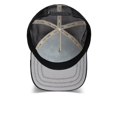 The Catch You Later trucker cap by Goorin Bros. is shown from the inside, highlighting its black mesh construction, light gray sweatband and brim, and THE FARM text on the internal band. Crafted with heavy-duty duck canvas and reinforced stitching for enhanced durability.