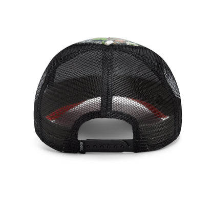 Back view of the “Spooked” black mesh trucker hat by Goorin Bros. featuring an adjustable snapback closure and a curved brim, shown on a white background. This versatile camo hat combines classic style with rugged outdoor appeal.